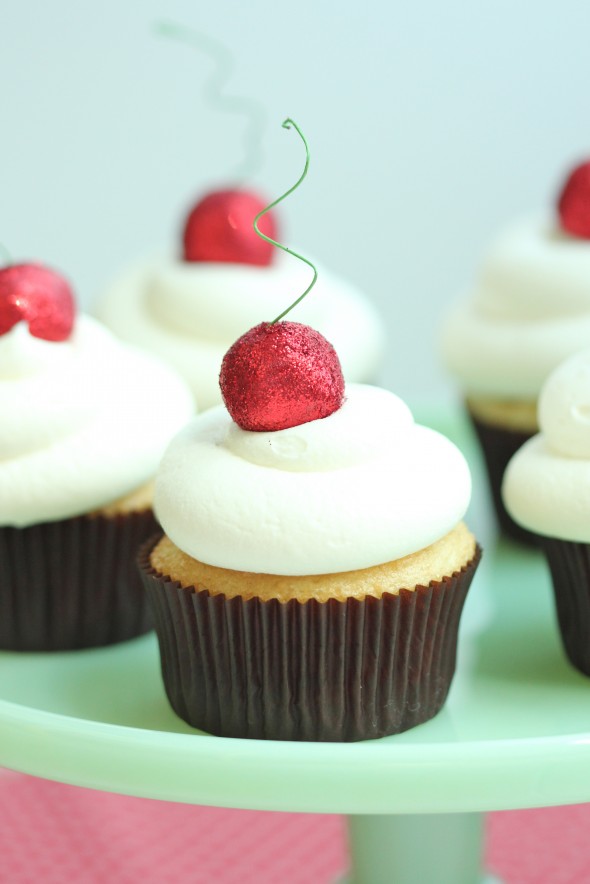 cute cherry cupcakes with red disco dust cherry on top